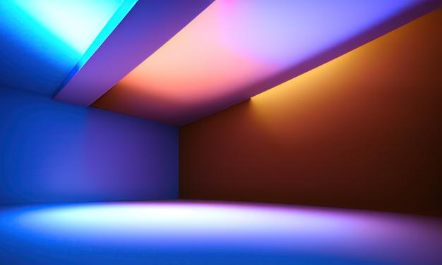 Abstract 3D shapes in blue, amber, and violet