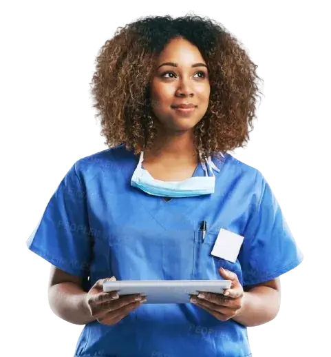 Nurse in scrubs holding a tablet